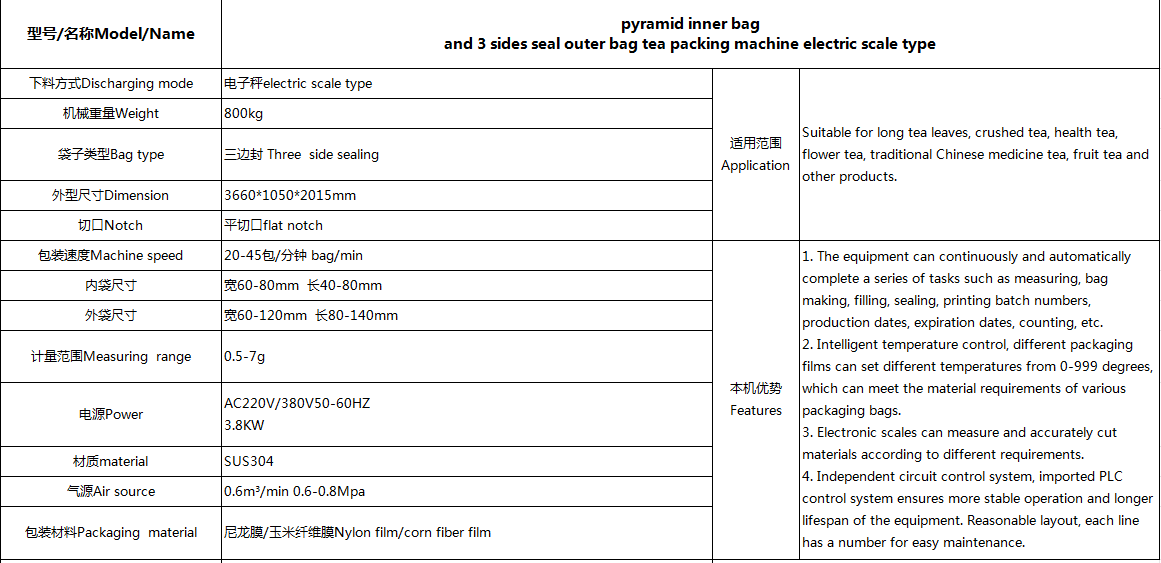 pyramid inner bag and 3 sides seal outer bag tea packing machine electric scale type(图2)